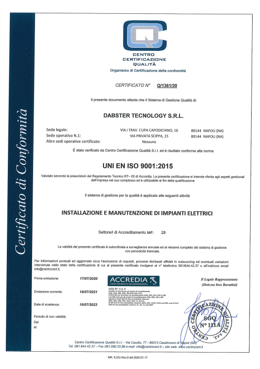 Certificazione ISO 9001:2015 - Dabster Tecnology